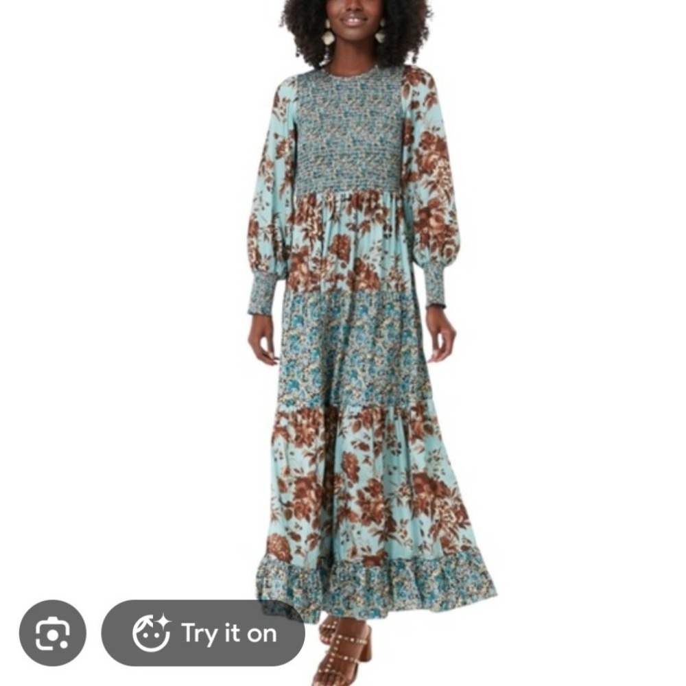 Tuckernuck Libby Dress Robins Egg Blue Brown Floral Smocked Maxi Small NEW